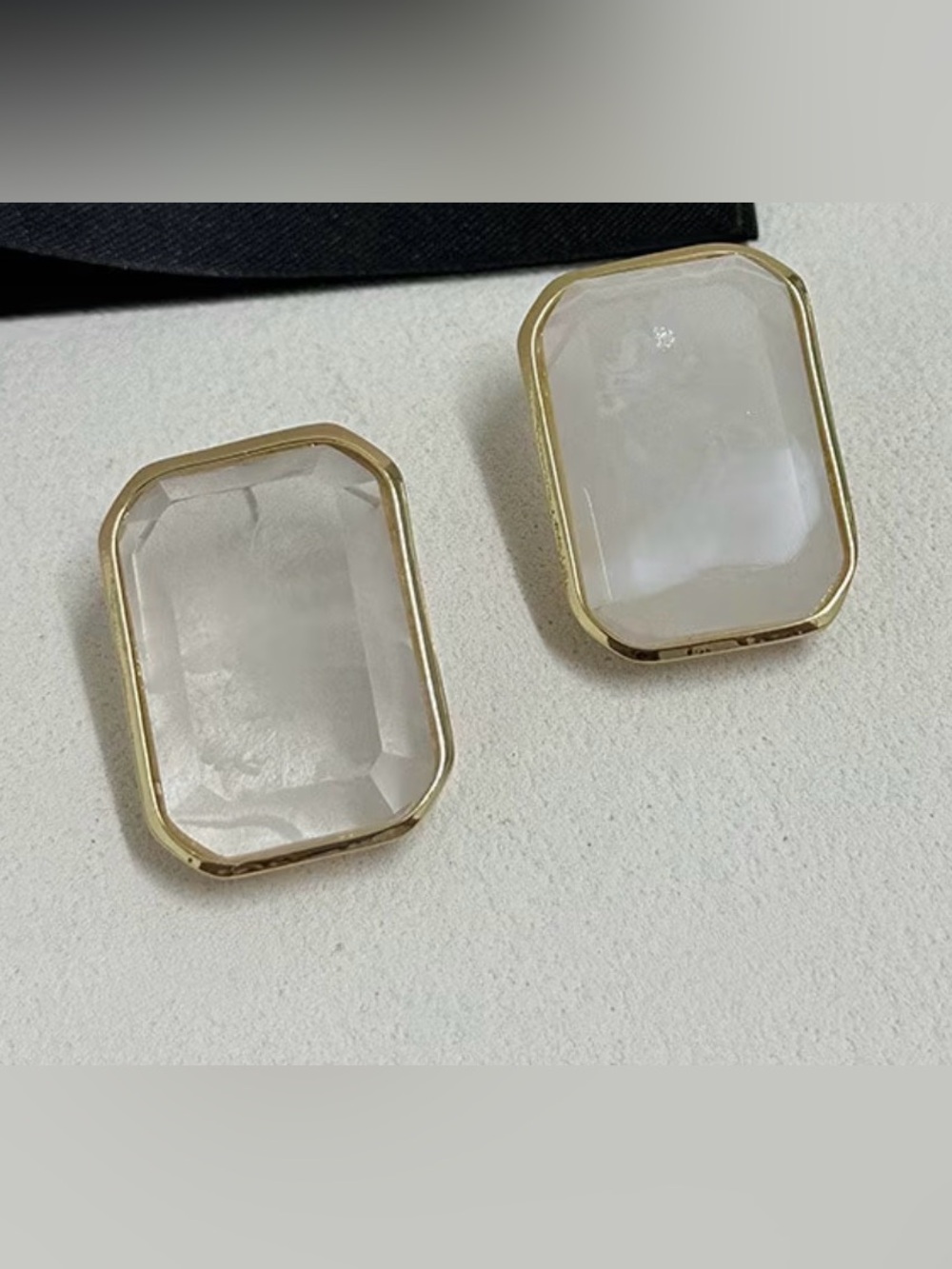 Gold-Trim White Rectangular Gemstone Stud Earrings